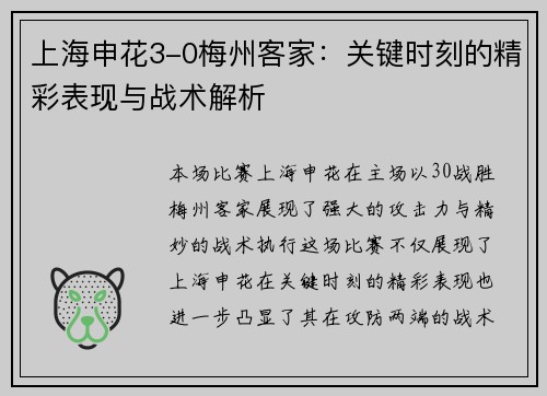 上海申花3-0梅州客家：关键时刻的精彩表现与战术解析